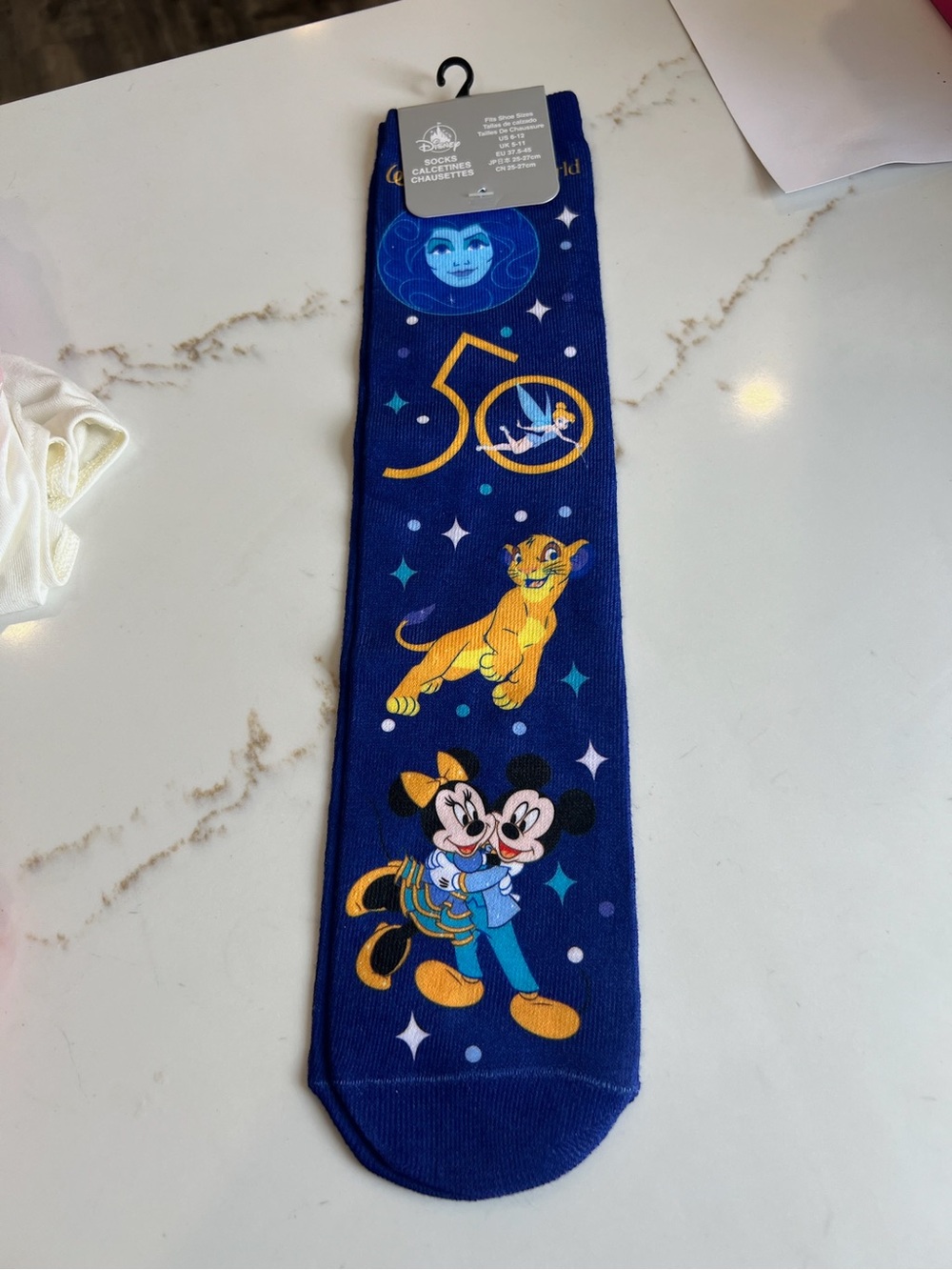 Disney Parks Blue 50th Anniversary Socks with Mickey, Simba & Tinker Bell NWT